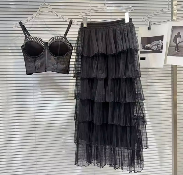 Women Sexy Bling Sleeveless Two Piece Ruffled Mesh Maxi Skirt Set