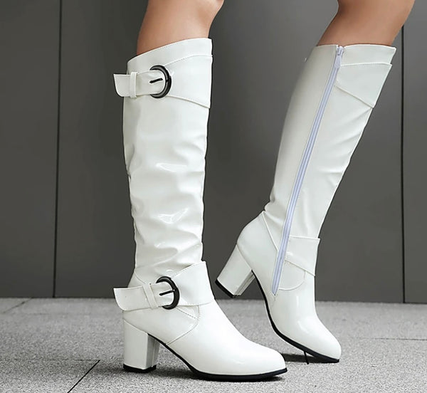 Women Fashion Patent Leather Buckled Knee High Boots