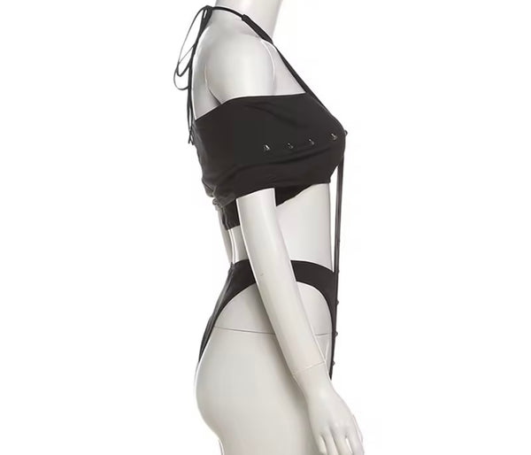 Women Solid Color Rivet Cut Out Sleeveless Bodysuit Top