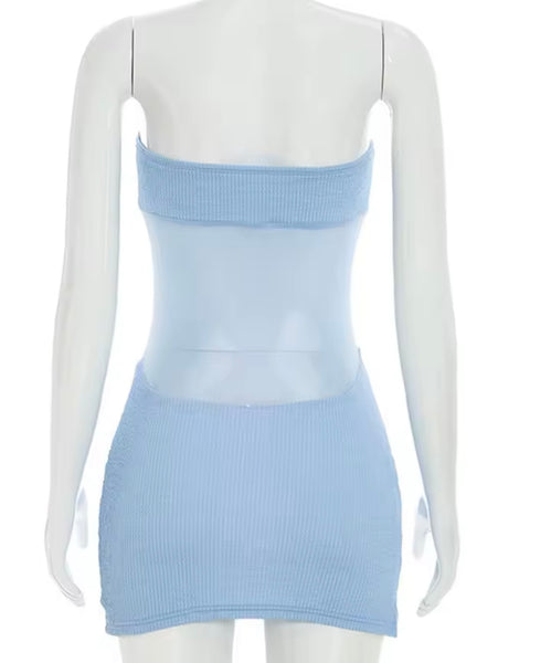 Women Sexy Strapless Mesh Patchwork Knitted Dress