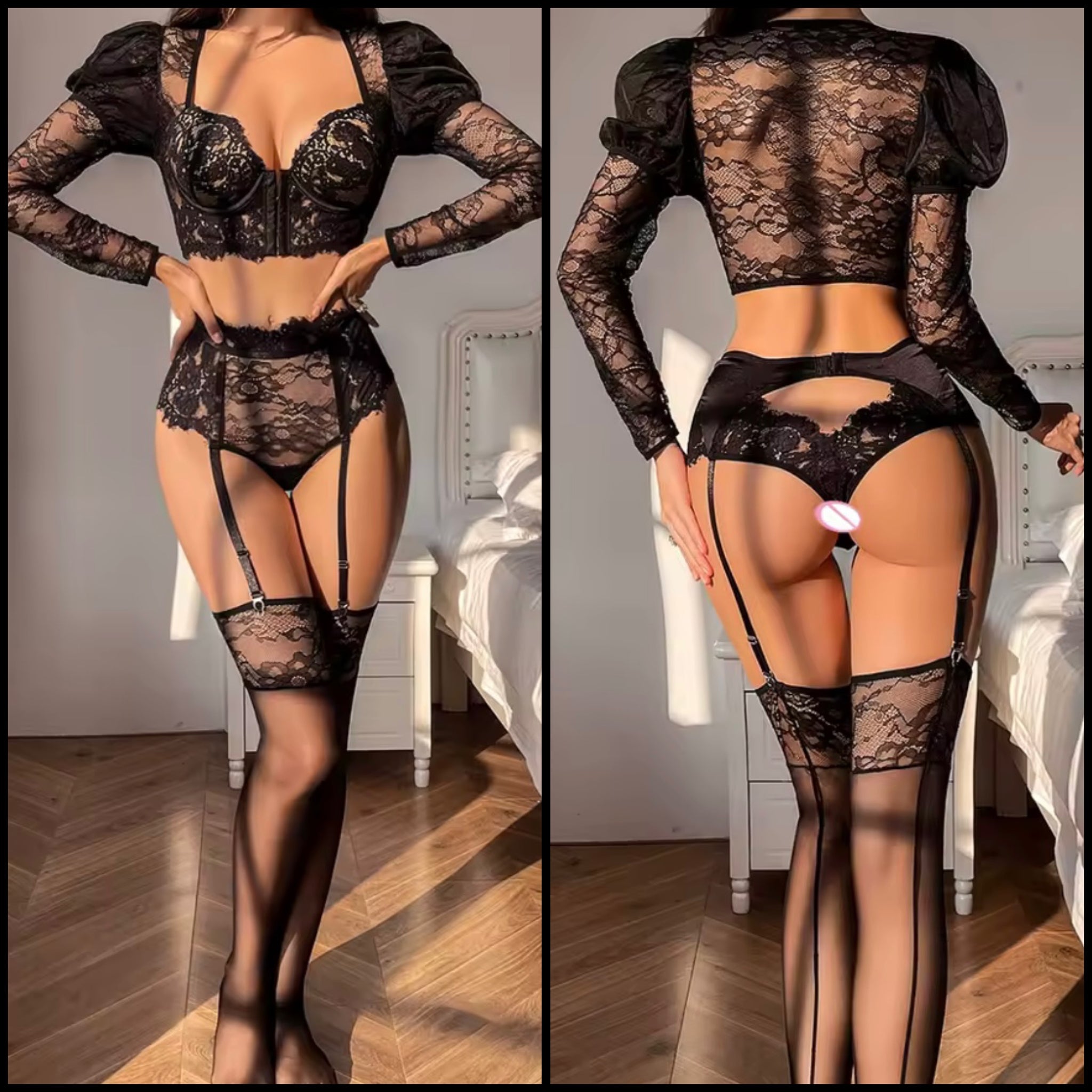 Women Sexy Black Lace Full Sleeve Lingerie Set