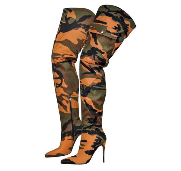 Women Color Camouflage Pocket Over The Knee Boots