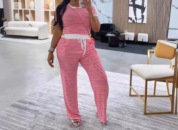 Women Striped Fashion Short Sleeve Two Piece Pant Set