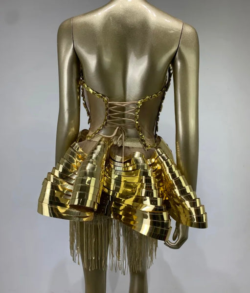 Women Sexy Gold Strapless Tassel Open Back Dress