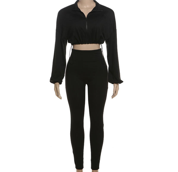 Women Fashion Solid Color Zip Up Full Sleeve Crop Two Piece Pant Set