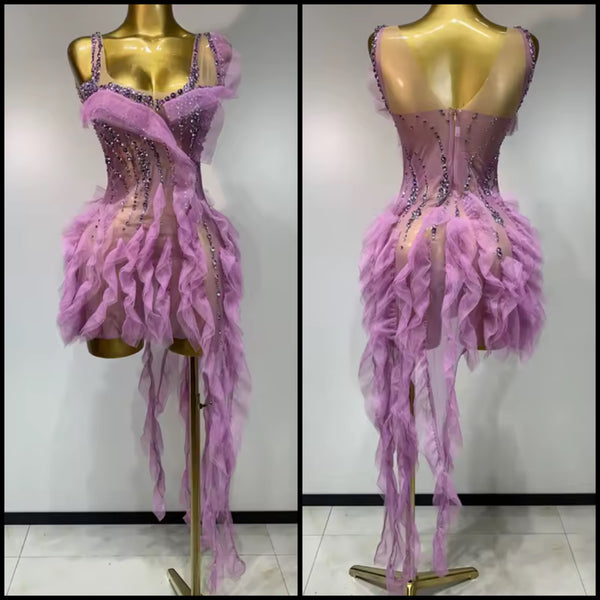 Women Sexy Lavender Ruffled Bling Sleeveless Tassel Dress