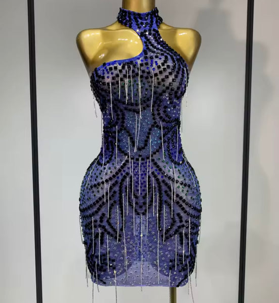 Women Sexy Blue Rhinestone Halter Sleeveless Mesh Dress