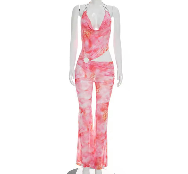 Women Sexy Halter Sleeveless Pink Floral Mesh Jumpsuit