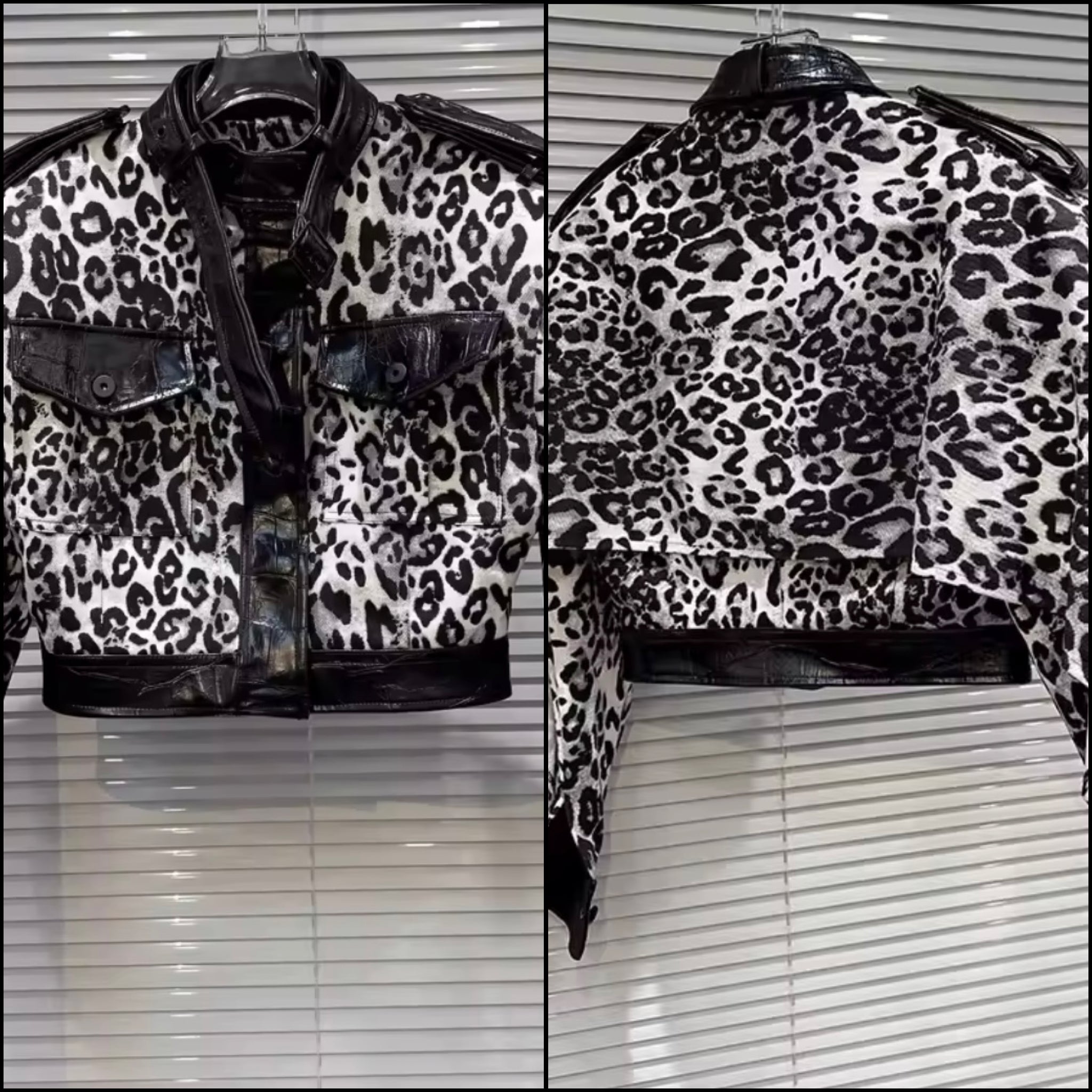 Women Fashion Animal Print PU Patchwork Jacket