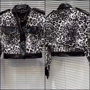 Women Fashion Animal Print PU Patchwork Jacket