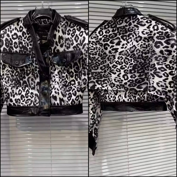 Women Fashion Animal Print PU Patchwork Jacket