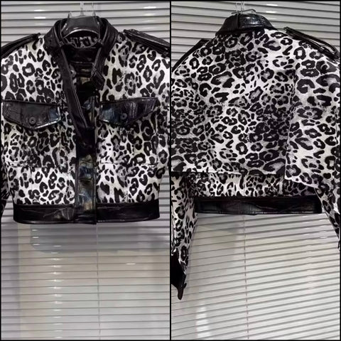 Women Fashion Animal Print PU Patchwork Jacket