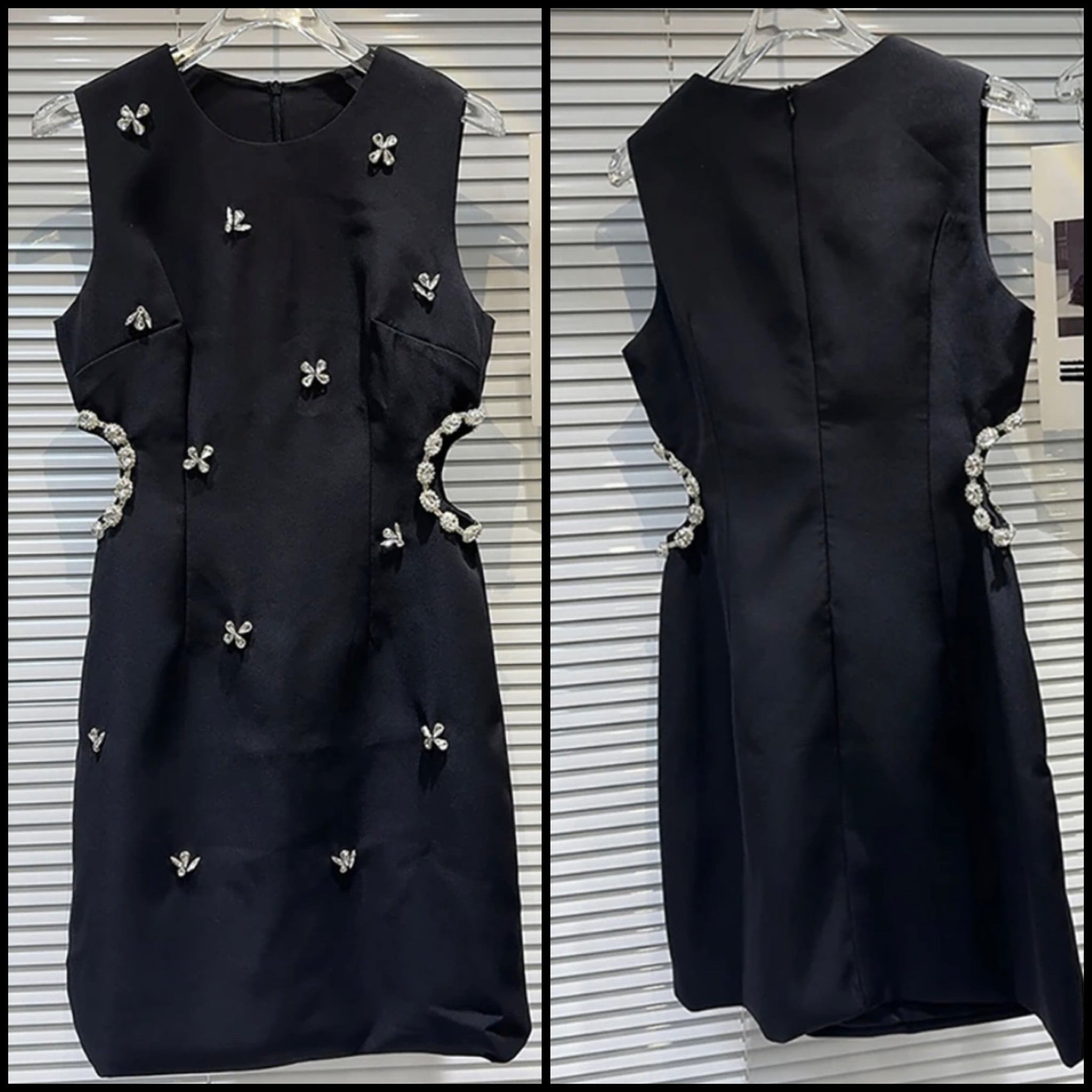 Women Sexy Sleeveless Black Bling Crystal Cut Out Dress