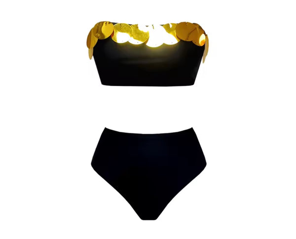 Women Sexy Sequins Strapless Black Bikini Cover Up Set