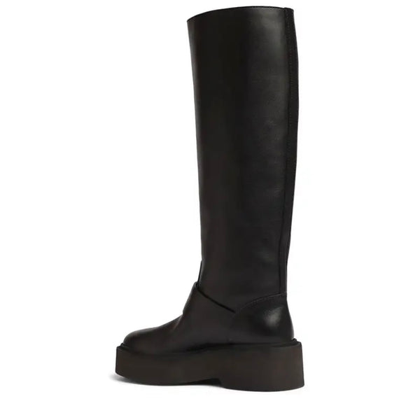Women Black Round Toe Buckled Faux Leather Knee High Boots