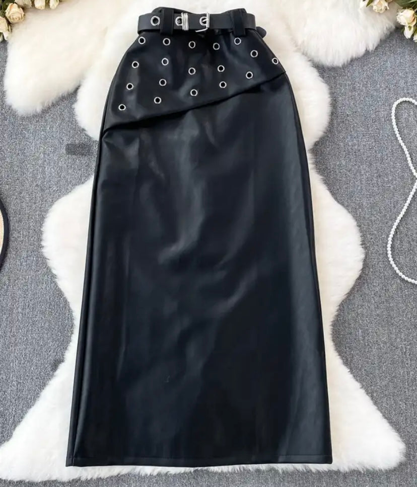 Women Solid Color Fashion Faux Leather Maxi Skirt