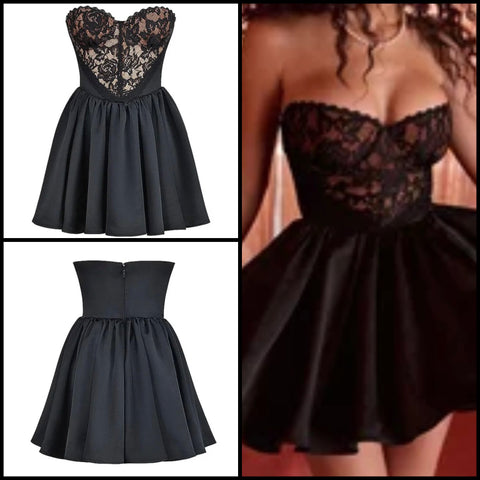 Women Sexy Black Strapless Lace Patchwork Pleated Dress