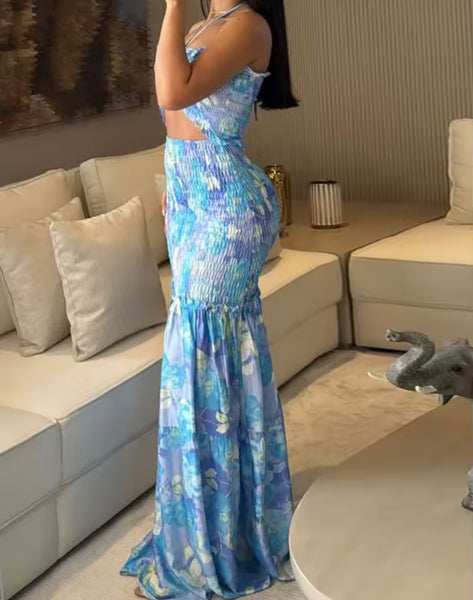 Women Sexy Sleeveless Tropical Print Cut Out Maxi Dress