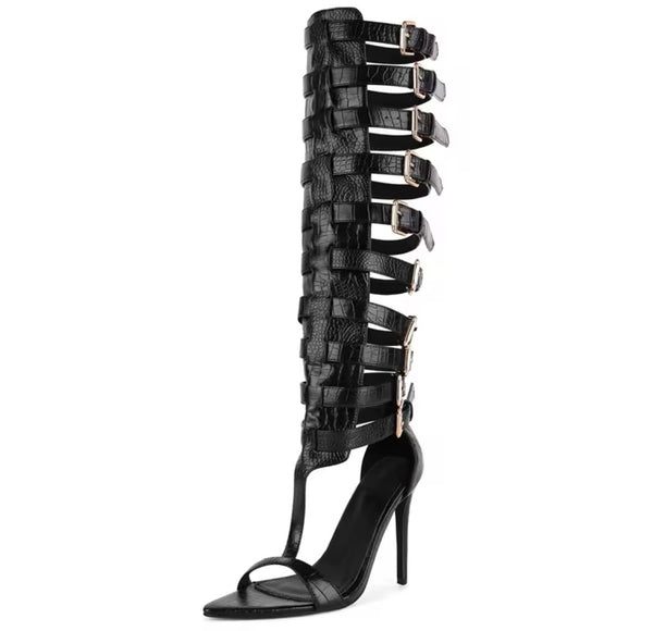 Women Fashion Black Open Toe Buckled Knee High Sandals