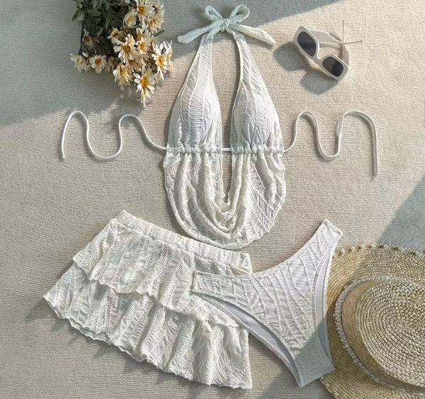 Women Sexy Halter Bikini Skirt Cover Up Set