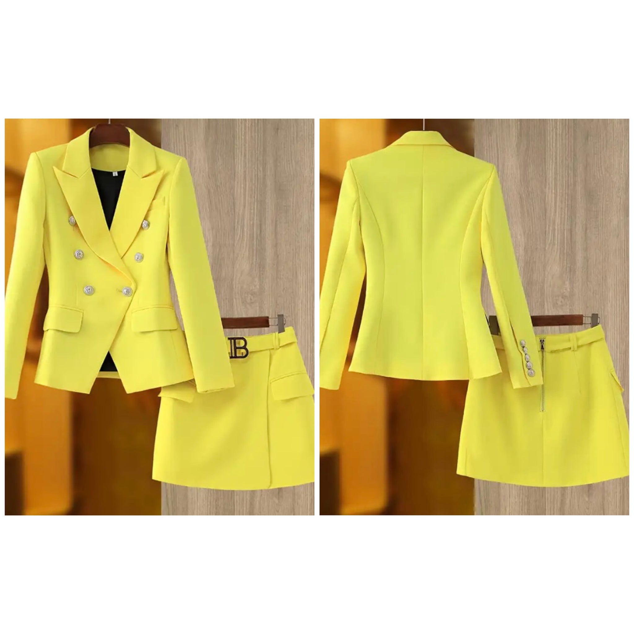 Women Yellow Fashion Two Piece Blazer Skirt Set