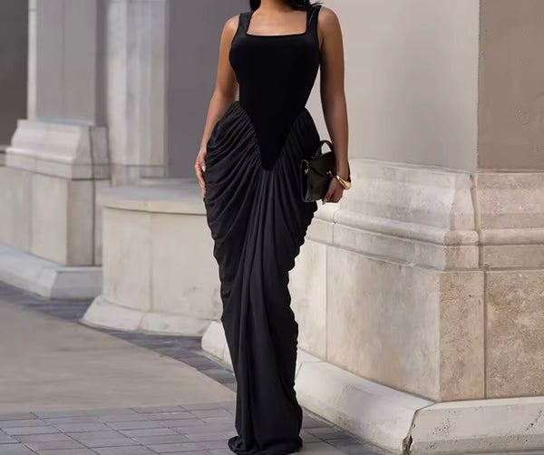 Women Sexy Sleeveless Velour Ruched Maxi Dress