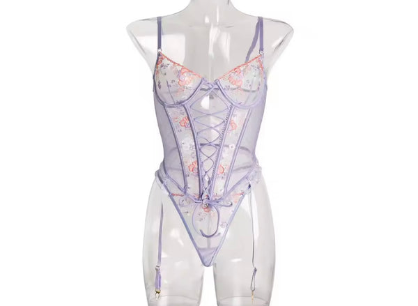 Women Sexy Lavender Floral Mesh Lingerie Set
