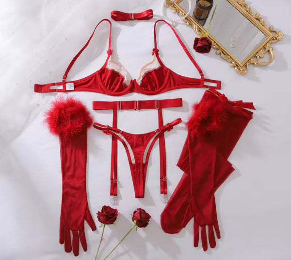Women Sexy Burgundy Mesh Choker Lingerie Set
