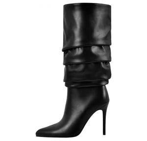 Women Fashion Pointed Toe Black Pleated High Heel Boots