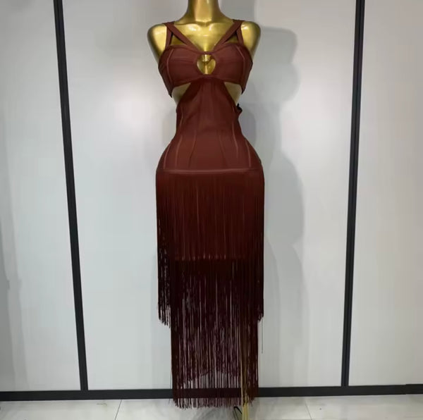 Women Sexy Sleeveless Fringe Tassel Cut Out Maxi Dress