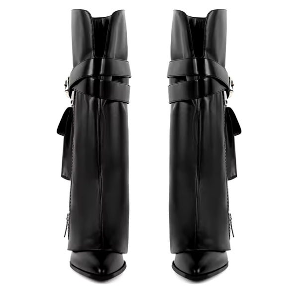 Women Black Zipper Detachable Buckled Pocket Knee High Boots