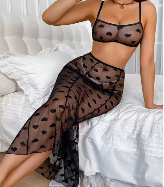 Women Sexy Sleeveless Heart Mesh Lingerie Set