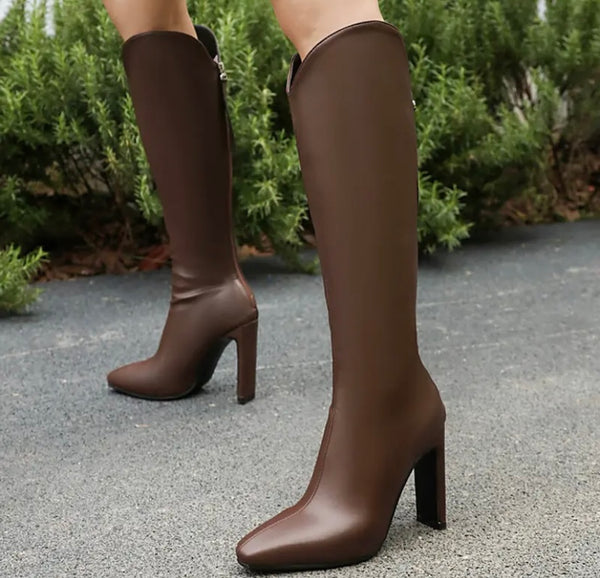 Women Fashion Faux Leather Back Zipper Knee High Boots