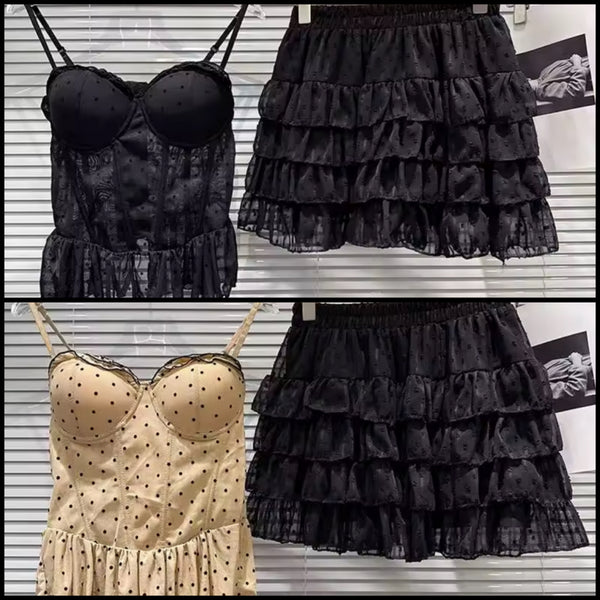 Women Ruffled Polka Dot Corset Two Piece Skirt Set