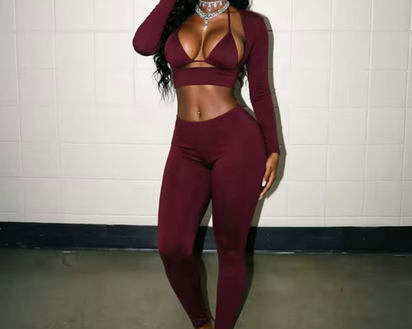 Women Sexy Cut Out Full Sleeve Crop Two Piece Pant Set