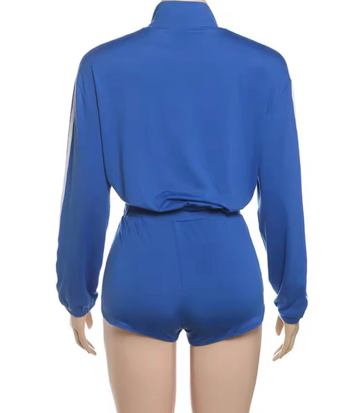 Women Fashion Blue Striped Tracksuit Two Piece Short Set