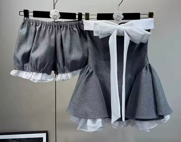Women Bow Strapless Gray Two Piece Fashion Short Set