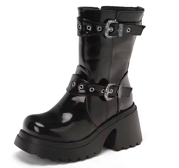Women Fashion Double Buckle Platform Ankle Boots