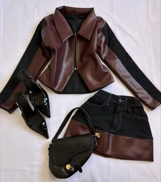 Women Brown Faux Leather Denim Jacket Two Piece Skirt Set
