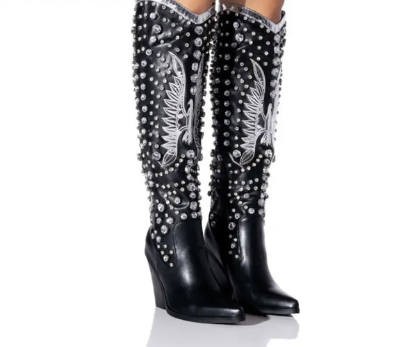 Women Fashion Rivet Faux Leather Western Knee High Boots