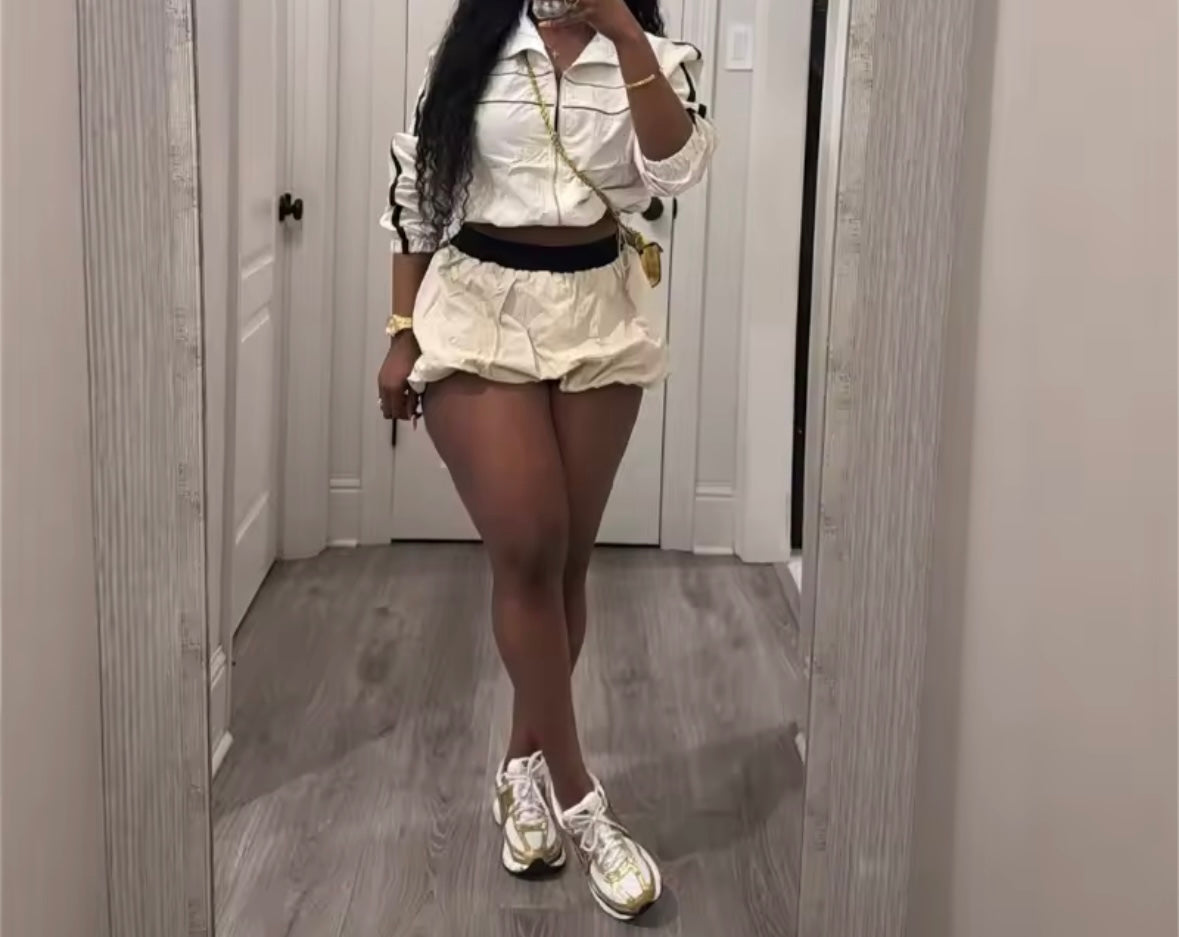 Women Zip Up Color Patchwork Two Piece Bubble Skirt Set