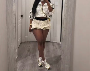 Women Zip Up Color Patchwork Two Piece Bubble Skirt Set