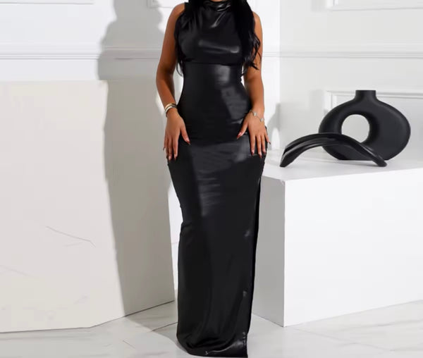 Women Sexy Sleeveless PU Color Maxi Dress