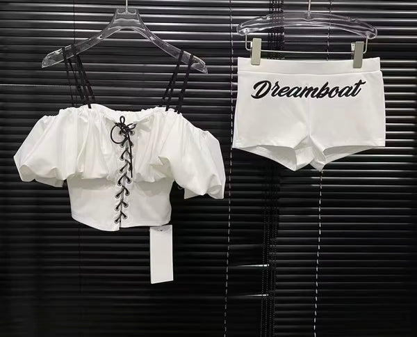 Women Sexy Lace Up Short Sleeve Two Piece Letter Print Short Set