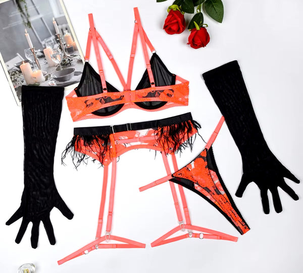 Women Sexy Color Patchwork Feather Mesh Glove Lingerie Set