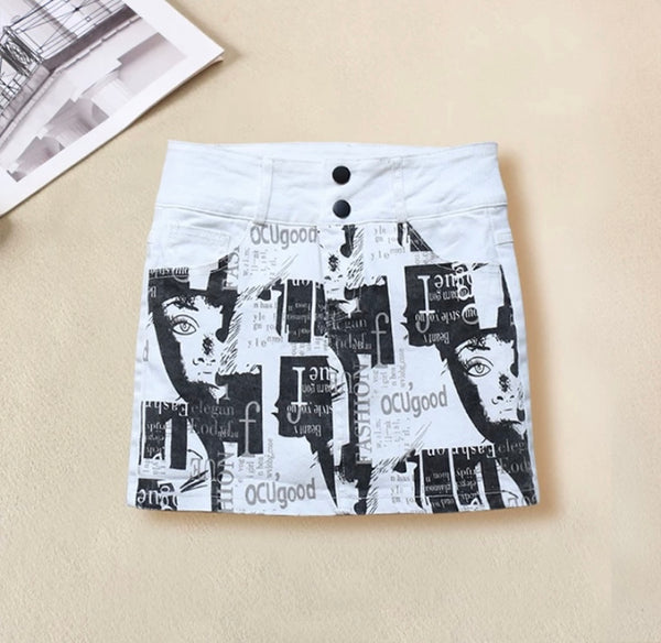 Women Fashion White Graffiti Print Denim Skirt