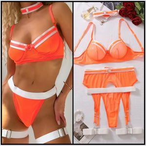 Women Sexy Orange/White Choker Mesh Lingerie Set