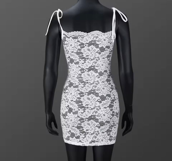 Women White Sexy Sleeveless Lace Dress