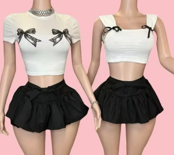 Women Sexy B&W Bow Short Sleeve/Sleeveless Two Piece Skirt Set