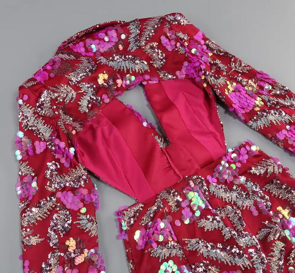 Women Sexy Sequins Patchwork Full Sleeve Open Back Dress